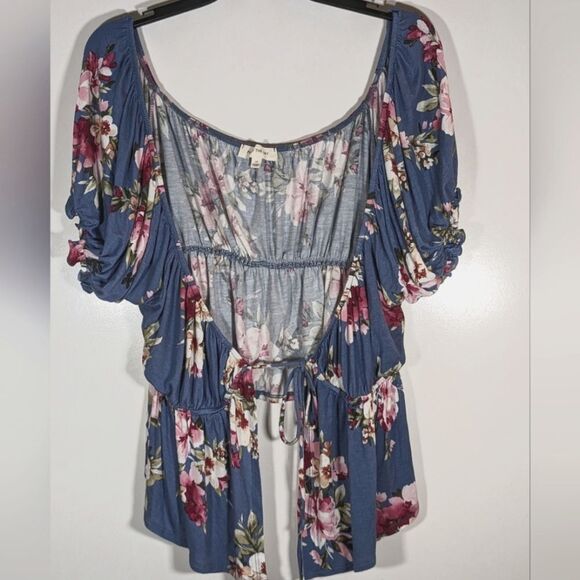 Pie In The Sky Blue Floral Crop Top Ties In The Front Short Sleeve Women's Sz 2X - Picture 1 of 6